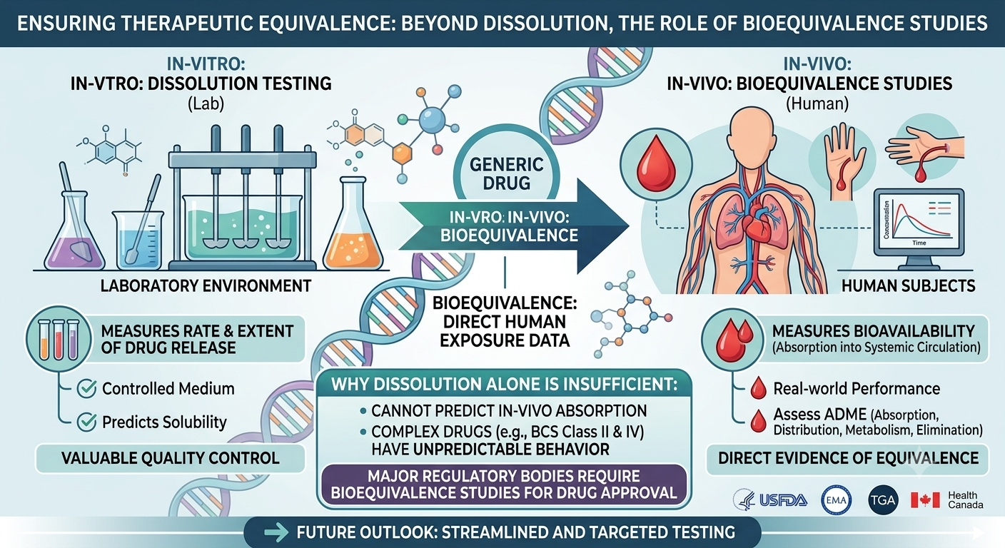 An educational infographic comparing In-Vitro Dissolution Testing in a laboratory to In-Vivo Bioequivalence Studies in humans for generic drug approval. The left side shows lab apparatus (beakers, dissolution tester) measuring drug release. An arrow transitions to the right side, which depicts a human circulatory system, blood sample, and a pharmacokinetic graph measuring bioavailability. The bottom center outlines why dissolution alone is insufficient, highlighting BCS Class II & IV drugs and major regulatory bodies like USFDA, EMA, TGA, and Health Canada.